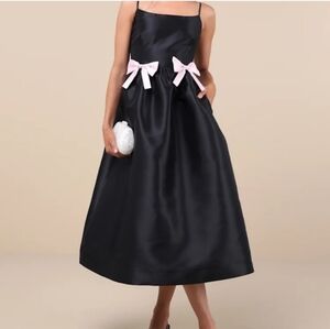 Lulus Black Dress Pink Bows Formal Dance Coquette Prom Girly Flirty LG
